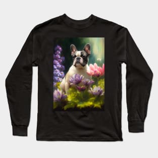 Pied French Bulldog in Flowers Card Long Sleeve T-Shirt